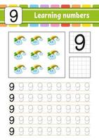 Trace and write numbers. Handwriting practice. Learning numbers for kids. Education developing worksheet. St. Patrick's day. Activity page. Isolated vector illustration in cute cartoon style.