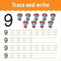 Learn Numbers. Trace and write. Handwriting practice. Education developing worksheet. Color activity page. Isolated vector illustration in cute cartoon style.