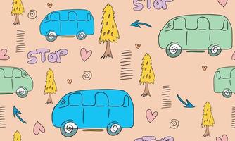 Seamless pattern with cute car and stop writing, zebra crossing, trees and hearts vector illustration. Perfect for children's fabrics, textiles, nursery wallpaper