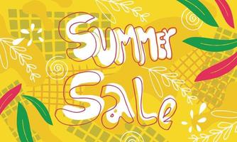 Summer sale banner template with doodle style. An abstract summer with palm leaves and doodle element. Promo badge for your seasonal designs. vector