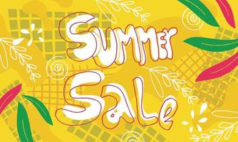 Summer sale banner template with doodle style. An abstract summer with palm leaves and doodle element. Promo badge for your seasonal designs. vector