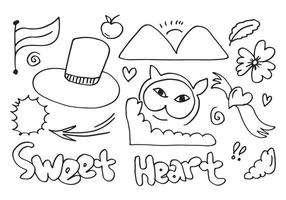 Hand drawn set elements, black on white background. Arrow, heart, love, flower, crown, hat, flag, mountain, apple, sweet heart, sun and emojis. for concept design. vector