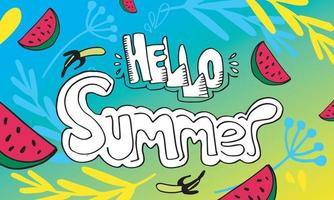 Hello Summer vector illustration, vector background. Calligraphy banner with tropical green leaves. Use for posters, flyers, postcards, banner designs. Watermelon lemon