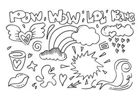 hand drawn set elements, black on  white background, clouds,rain,heart,pow,wow,lol,bang,lips and winged heart for concept design. vector