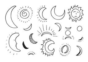 Cute and funny sun, moon doodle icons. Vector set