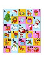 Christmas advent calendar with cute characters. Santa claus, deer, snowman, fir tree, snowflake, gift, bauble, sock. Cartoon style. With numbers 1 to 25. Vector illustration. Holiday preparation.