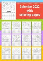 Vertical calendar for 2022 with a cute character. Coloring page for kids. Set of 12 months. Isolated vector illustration. Cartoon style. Week starts on Monday.