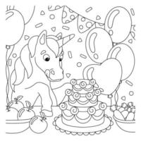 página de libro para colorear para niños. el unicornio en la fiesta de cumpleaños mira el pastel. personaje de estilo de dibujos animados. ilustración vectorial aislado sobre fondo blanco. vector