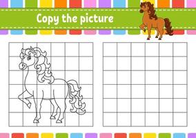 Cute horse. Farm animal. Copy the picture. Coloring book pages for kids. Education developing worksheet. Game for children. Handwriting practice. Coon character. vector