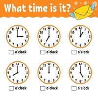 Learning time on the clock. Educational activity worksheet for kids and toddlers. Game for children. Simple flat isolated color vector illustration in cute cartoon style.