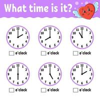 Learning time on the clock. Educational activity worksheet for kids and toddlers. Game for children. Simple flat isolated color vector illustration in cute cartoon style.