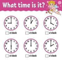 Learning time on the clock. Educational activity worksheet for kids and toddlers. Game for children. Simple flat isolated color vector illustration in cute cartoon style.