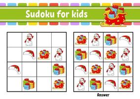 sudoku para niños. hoja de trabajo de desarrollo educativo. personaje animado. página de actividades de colores. juego de rompecabezas para niños. tema de navidad ilustración vectorial aislada. vector