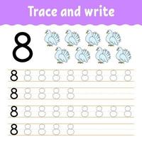 Learn Numbers. Trace and write. Handwriting practice. Education developing worksheet. Color activity page. Isolated vector illustration in cute cartoon style.