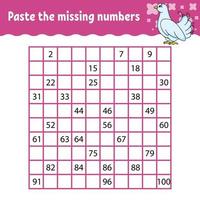 Paste the missing numbers from 1 to 100. Handwriting practice. Learning numbers for kids. Education developing worksheet. Activity page. Isolated vector illustration in cute cartoon style.