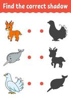Find the correct shadow. Education developing worksheet. Matching game for kids. Color activity page. Puzzle for children. Cute character. Vector illustration. cartoon style.