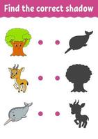 Find the correct shadow. Education developing worksheet. Matching game for kids. Color activity page. Puzzle for children. Cute character. Vector illustration. cartoon style.