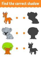 Find the correct shadow. Education developing worksheet. Matching game for kids. Color activity page. Puzzle for children. Cute character. Vector illustration. cartoon style.