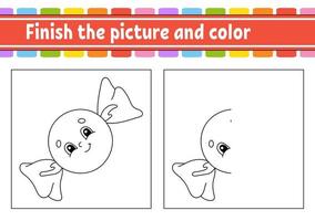 Finish the picture and color. Cartoon character isolated on white background. For kids education. Activity worksheet. vector