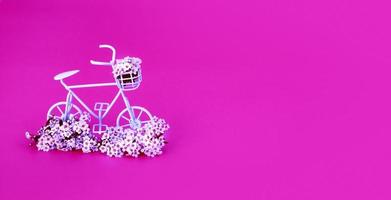 Decorative bicycle with a basket of flowers on an pink background with copy space. Spring minimalistic concept banner format photo