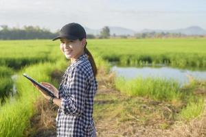 Young female smart farmer with tablet on field,High technology innovations and smart farming photo