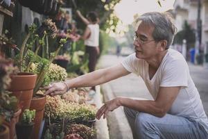 anciano asiático cuidando la planta en el jardín de su casa foto