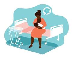 African American woman with a newborn baby alone in a hospital ward staying with a baby. Postpartum depression period. Frustration, need for breastfeeding and maternal mental health support. vector