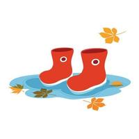 Red children's rubber boots in a puddle. Autumn fun. Square format, isolation on a white background. Use as a sticker, print, card, web networks. vector