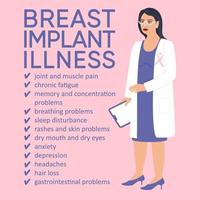 Breast implant illness text on pink background. Doctor woman. Medical treatment. Vector design isolated. Banner about awareness of autoimmune syndrome induced by adjuvants.