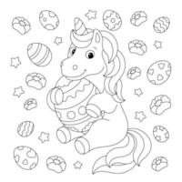 A cute unicorn is holding an Easter egg. Coloring book page for kids. Cartoon style character. Vector illustration isolated on white background.