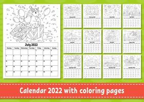 calendario vertical para 2022 con un lindo personaje. página para colorear para niños. conjunto de 12 meses. ilustración vectorial aislada. estilo de dibujos animados la semana comienza el lunes. vector