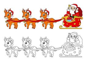 Christmas sleigh. Santa claus with gifts. Winter deer. Christmas theme. Coloring book page for kids. Cartoon style. Vector illustration isolated on white background.