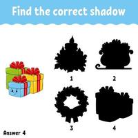 Find the correct shadow. Education developing worksheet. Christmas theme. Matching game for kids. Activity page. Puzzle for children. cartoon character. Isolated vector illustration.