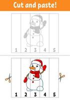 Learning numbers 1-5. Cut and glue. cartoon character. Education developing worksheet. Christmas theme. Game for kids. Activity page. Color isolated vector illustration.