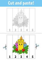 Learning numbers 1-5. Cut and glue. cartoon character. Education developing worksheet. Christmas theme. Game for kids. Activity page. Color isolated vector illustration.