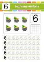 Trace and write numbers. Handwriting practice. Learning numbers for kids. Education developing worksheet. St. Patrick's day. Activity page. Isolated vector illustration in cute cartoon style.