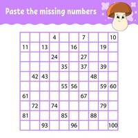 Paste the missing numbers from 1 to 100. Handwriting practice. Learning numbers for kids. Education developing worksheet. Activity page. Isolated vector illustration in cute cartoon style.