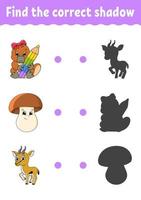 Find the correct shadow. Education developing worksheet. Matching game for kids. Color activity page. Puzzle for children. Cute character. Vector illustration. cartoon style.