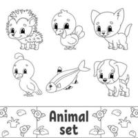 Coloring book for kids. Animal clipart. Cheerful characters. Vector illustration. Cute cartoon style. Black contour silhouette. Isolated on white background.