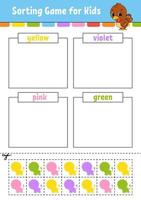 Sorting game for kids. Cut and glue. Education developing worksheet. Matching game for kids. Color activity page. Puzzle for children. Cute character. Vector illustration. cartoon style.