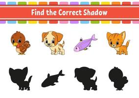 Find the correct shadow. Animal theme. Education developing worksheet. Matching game for kids. Color activity page. Puzzle for children. Cute character. Vector illustration. cartoon style.