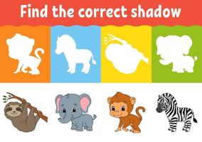 Find the correct shadow. Education worksheet. Matching game for kids. Color activity page. Puzzle for children. Animal theme. Isolated vector illustration.