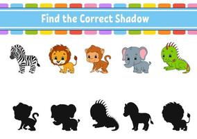 Find the correct shadow. Education developing worksheet. Matching game for kids. Color activity page. Puzzle for children. Cute character. Vector illustration. cartoon style.