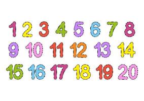 A set of numbers from one to twenty. Bright colorful collection. For teaching children. Simple flat vector illustration isolated on white background.