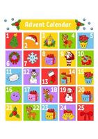 Christmas advent calendar with cute characters. Santa claus, deer, snowman, fir tree, snowflake, gift, bauble, sock. Cartoon style. With numbers 1 to 25. Vector illustration. Holiday preparation.