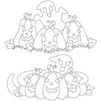 Set of funny pumpkins and ghosts. Coloring book page for kids. Cartoon style character. Vector illustration isolated on white background. Halloween theme.