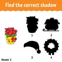 Find the correct shadow. Education developing worksheet. Christmas theme. Matching game for kids. Activity page. Puzzle for children. cartoon character. Isolated vector illustration.