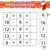 Addition and subtraction. Task for kids. Cut and paste. Education developing worksheet. Activity page. Game for children. Funny character. Isolated vector illustration. cartoon style.