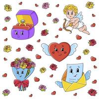 conjunto de lindos personajes de dibujos animados. clipart del día de san valentín. dibujado a mano. paquete de colores. ilustración vectorial. colección de insignias de parche. elementos de diseño de etiquetas. para planificador diario, diario, organizador. vector