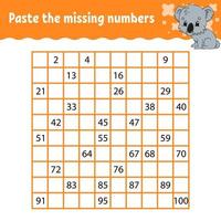 Paste the missing numbers from 1 to 100. Handwriting practice. Learning numbers for kids. Education developing worksheet. Activity page. Isolated vector illustration in cute cartoon style.